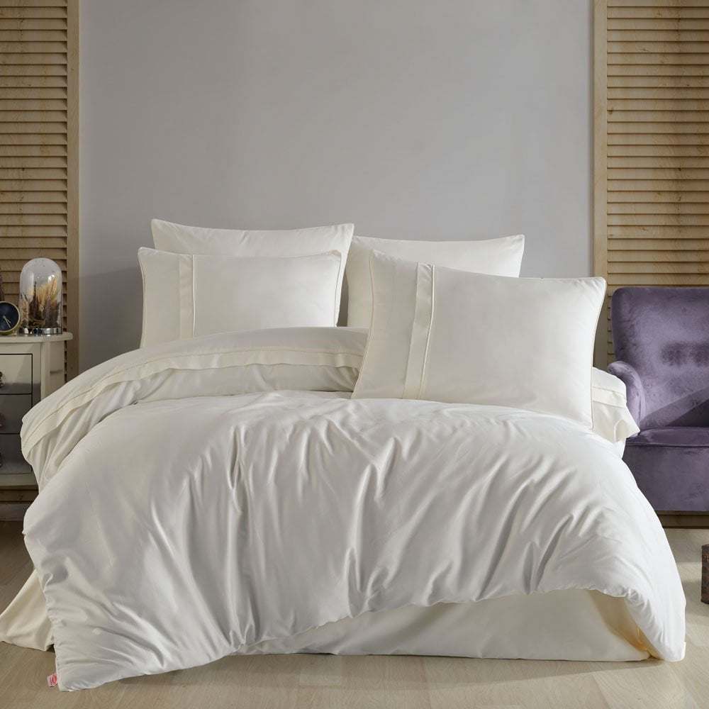 Plain - Krem  Çift Kişilik 300TC Saten Nevresim Takımı
