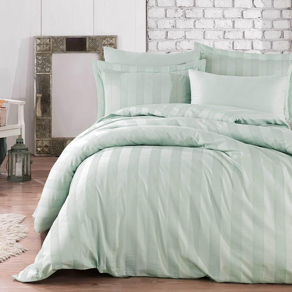 Wafel Suyeşili - Çift Kişilik Jakarlı Saten Nevresim Takımı