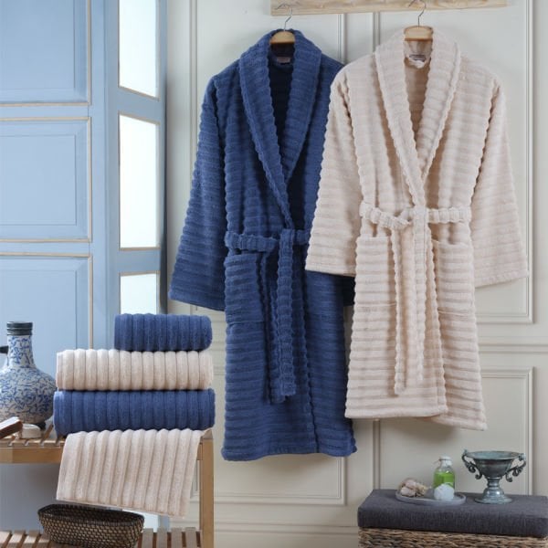 Vedra - Cotton Bathrobe Set - Sand Indigo Blue