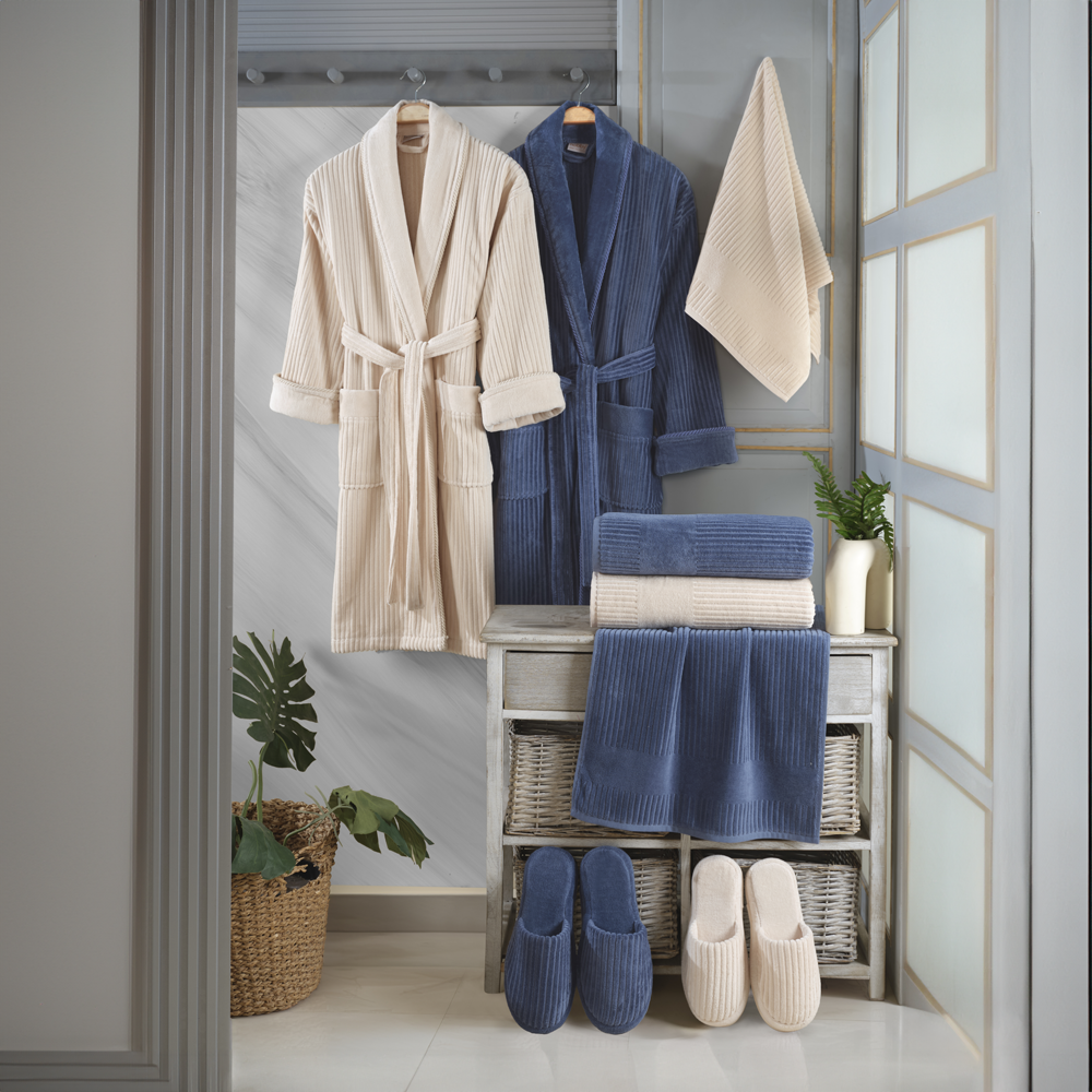 Lussa - Pamuklu Bornoz Seti - Kum Indigo Mavi 10 Parça