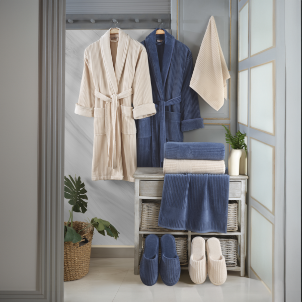 Lussa - Pamuklu Bornoz Seti - Kum Indigo Mavi 10 Parça