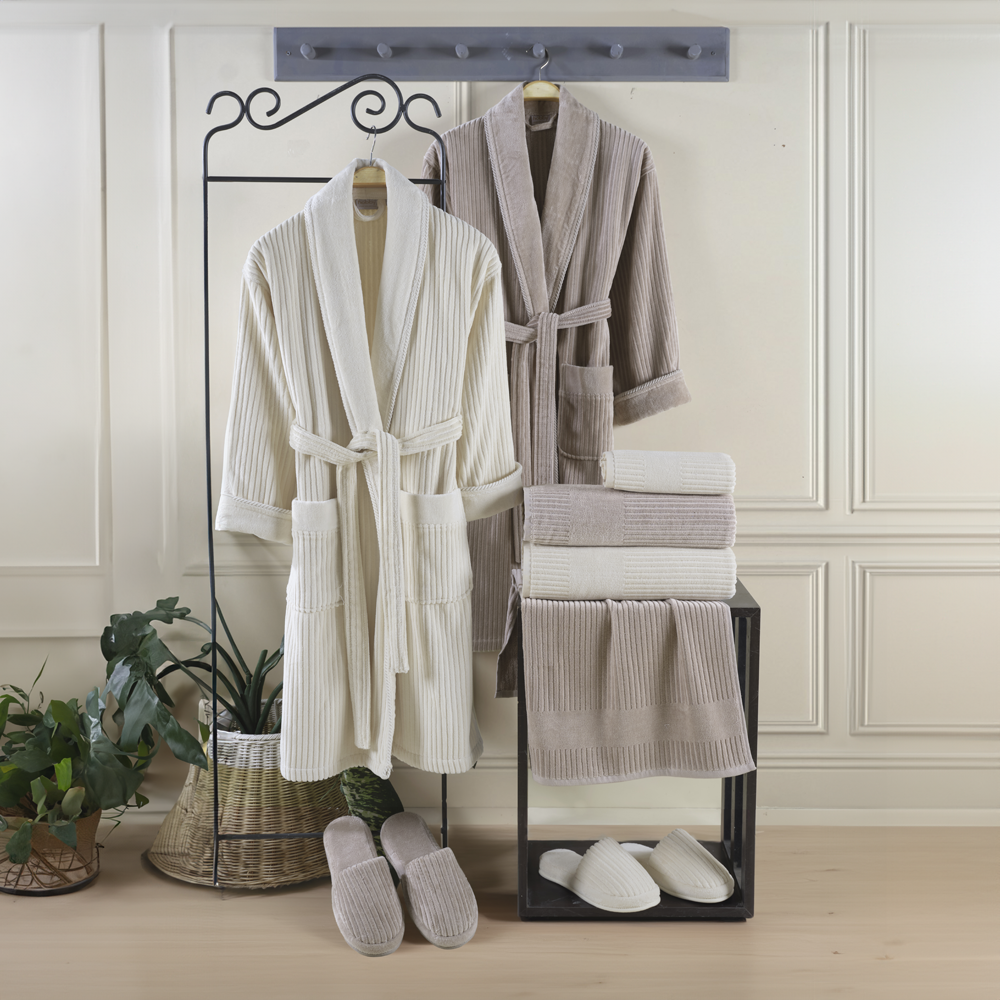 Lussa - Pamuklu Bornoz Seti - Krem S. Kahve 10 parça