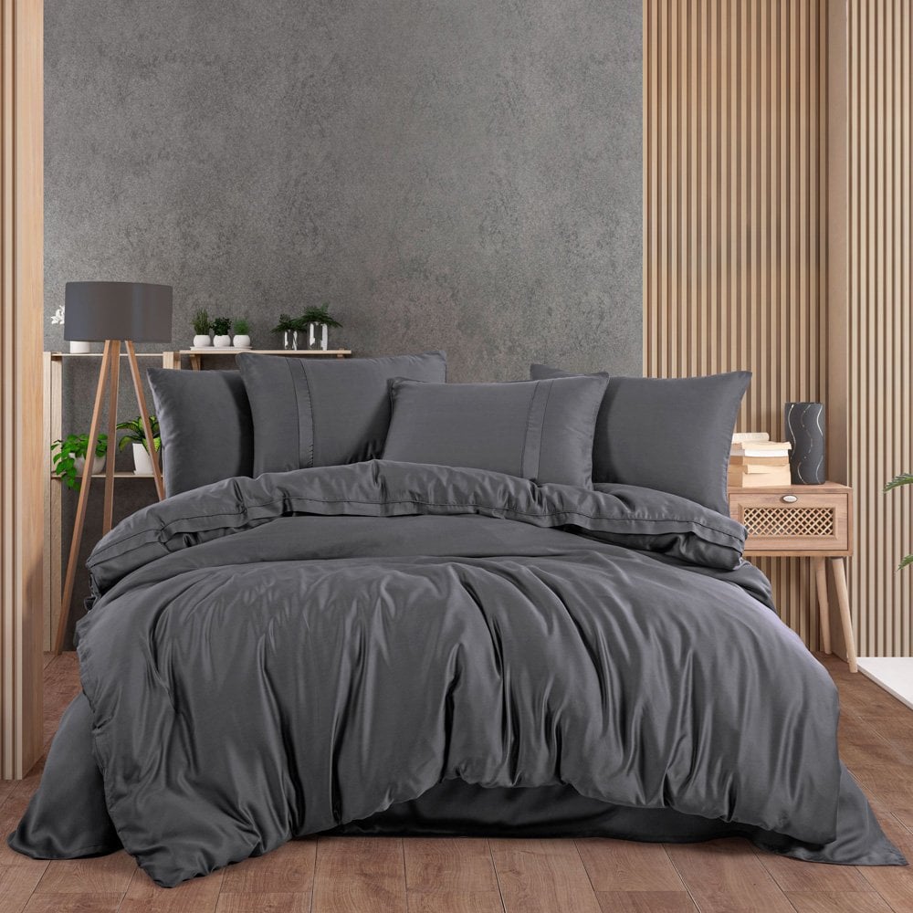 Çift Kişilik 300 TC Tencel Düz Saten Nevresim Takımı - Antrasit