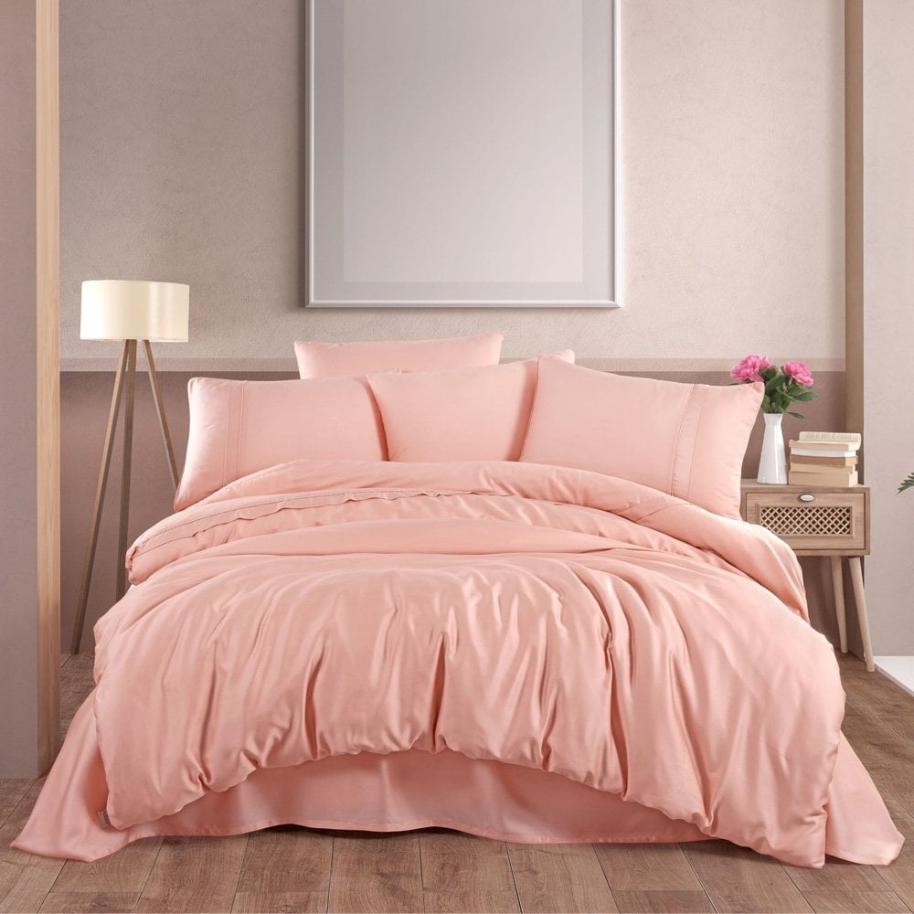 Double 300 TC Tencel Plain Satin Duvet Cover Set - Salmon