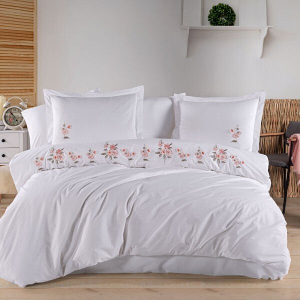 Premium Ophelia Beyaz - Poplin Çift Kişilik Nakışlı Nevresim Takımı