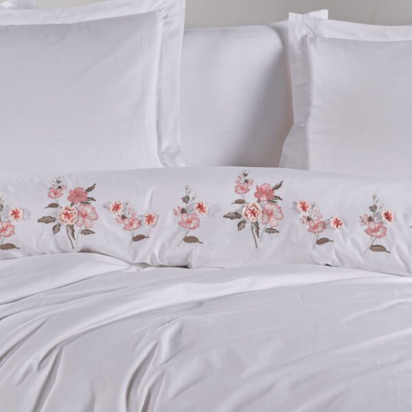 Premium Ophelia Beyaz - Poplin Çift Kişilik Nakışlı Nevresim Takımı