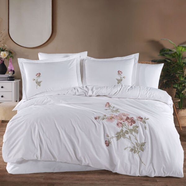 Premium Palmyra Beyaz - Poplin Çift Kişilik Nakışlı Nevresim Takımı