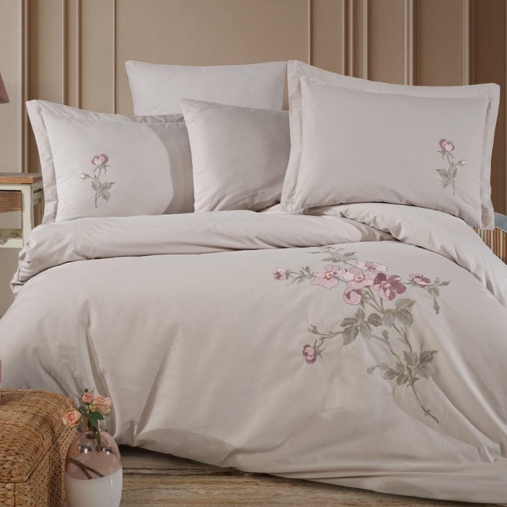 Premium Palmyra Taş - Poplin Çift Kişilik Nakışlı Nevresim Takımı