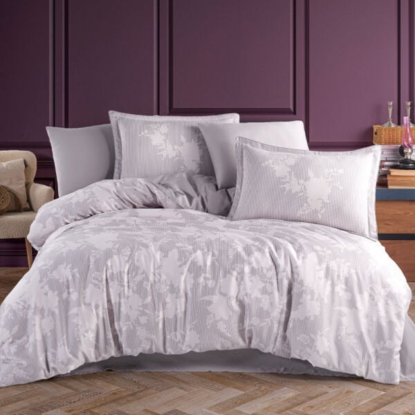 Avelina Pembe Gri - Çift Kişilik Saten Nevresim Takımı