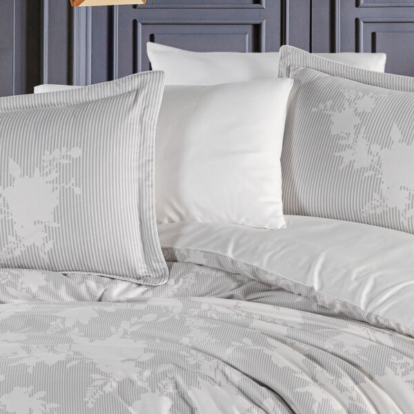 Avelina Ekru Gri - Çift Kişilik Saten Nevresim Takımı