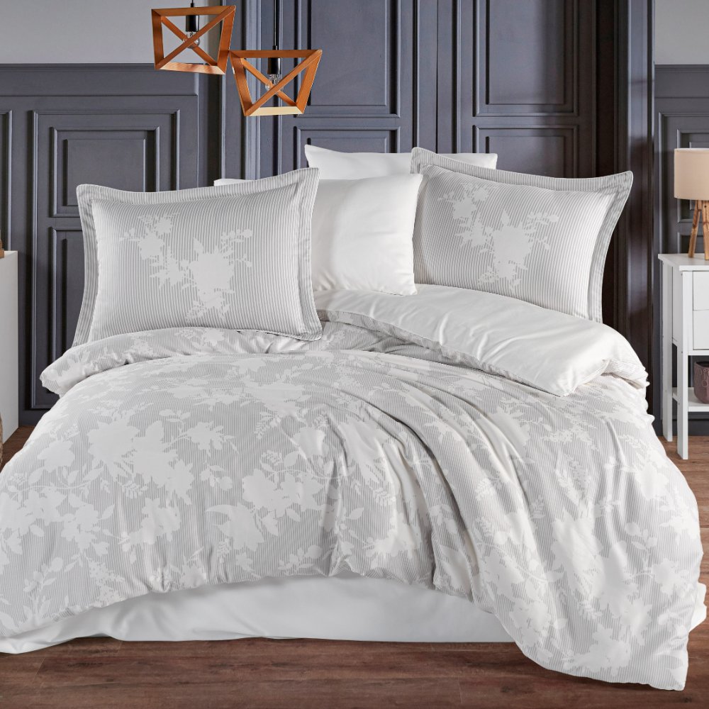 Avelina Ekru Gri - Çift Kişilik Saten Nevresim Takımı