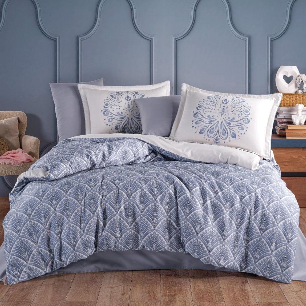 Sheldon Mavi - Çift Kişilik Saten Nevresim Takımı