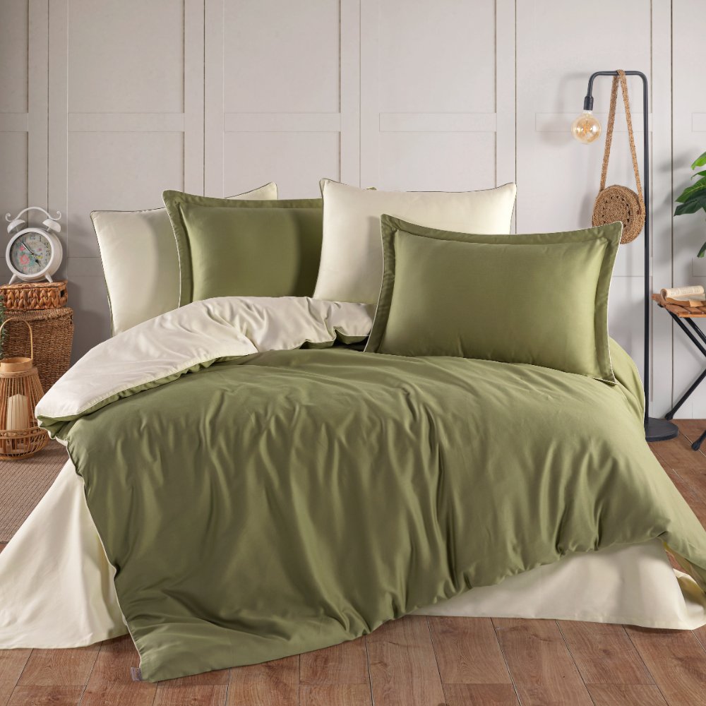 Diamond Yeşil Krem - Çift Kişilik Saten Nevresim Takımı