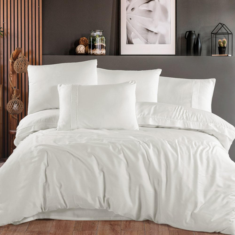 Kristal Krem - Çift Kişilik 300 TC Tencel Düz Saten Nevresim Takımı