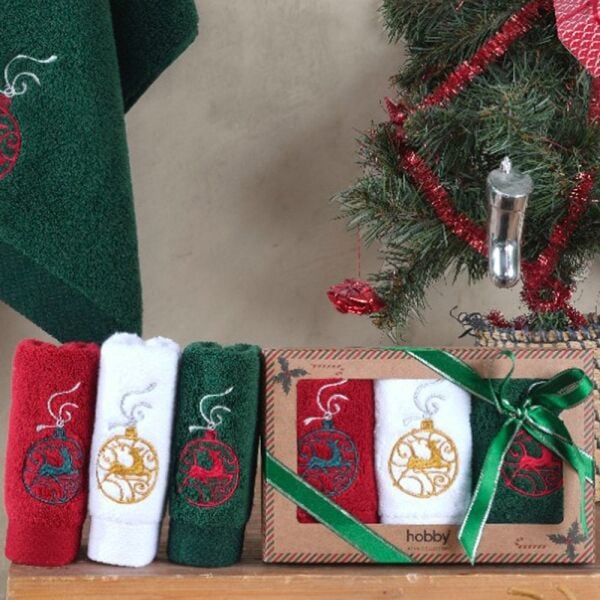 3’lü Yılbaşı Havlu Seti – 30x50 cm (Beyaz • Kırmızı • Yeşil)