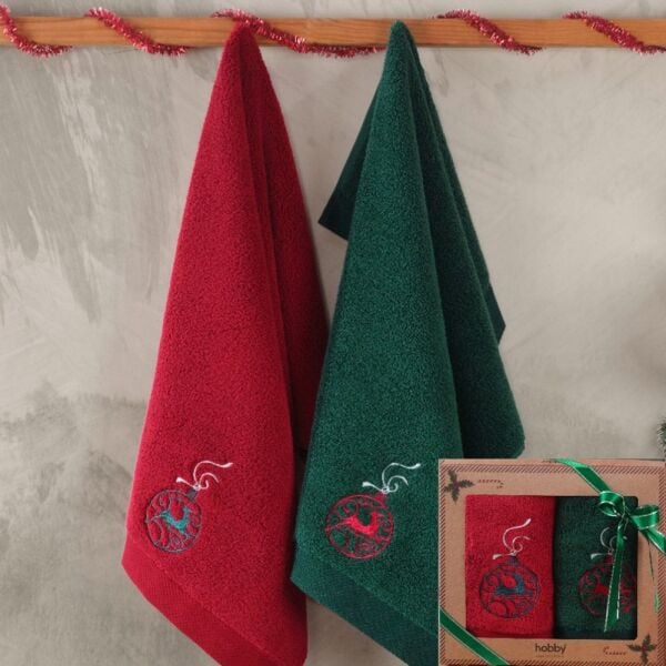 2'li Yılbaşı Havlu Seti – 50x90 cm (Kırmızı • Yeşil)