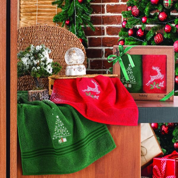 2'li Yılbaşı Havlu Seti – 50x90 cm (Kırmızı • Yeşil)