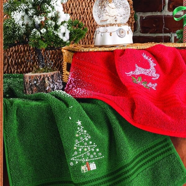 2'li Yılbaşı Havlu Seti – 50x90 cm (Kırmızı • Yeşil)