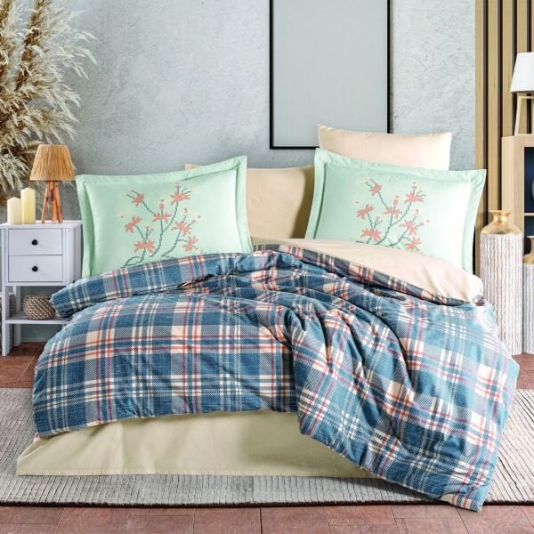 Margeret Mavi - Poplin Çift Kişilik Nevresim Takımı