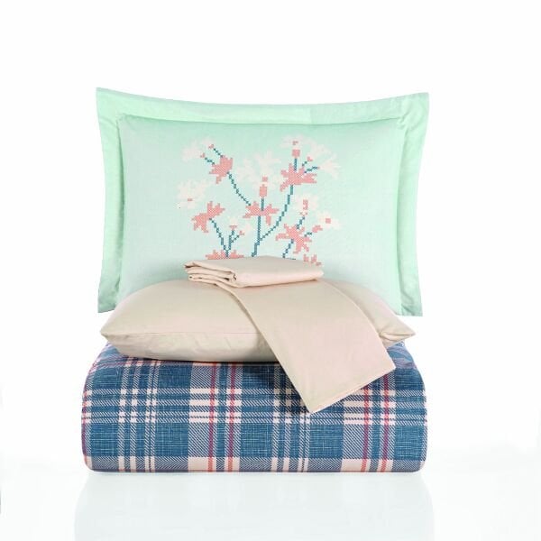 Margeret Mavi - Poplin Çift Kişilik Nevresim Takımı