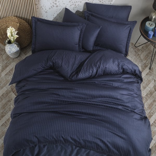 Striped Navy Blue - Double Jacquard Satin Duvet Cover Set