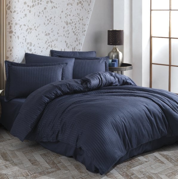 Striped Navy Blue - Double Jacquard Satin Duvet Cover Set