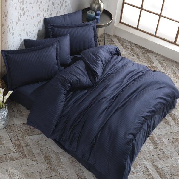 Striped Navy Blue - Double Jacquard Satin Duvet Cover Set