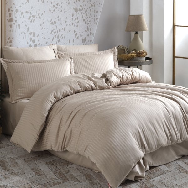 Striped Beige - Double Jacquard Satin Duvet Cover Set