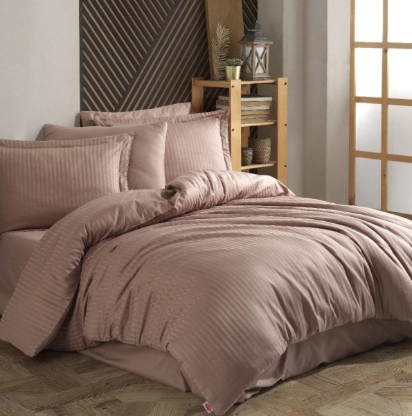 Striped Milky Coffee - Double Jacquard Satin Duvet Cover Set