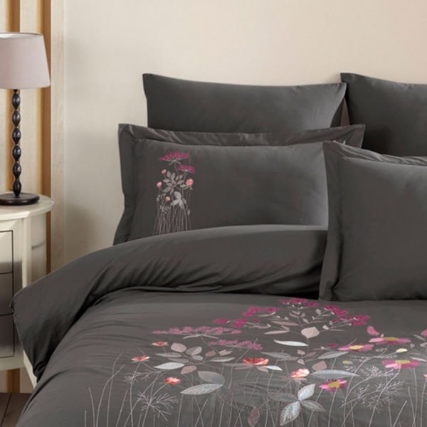 Premium Emilia Gray - Poplin Double Embroidered Duvet Cover Set