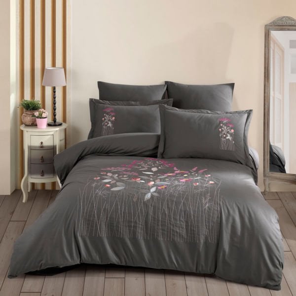 Premium Emilia Gray - Poplin Double Embroidered Duvet Cover Set