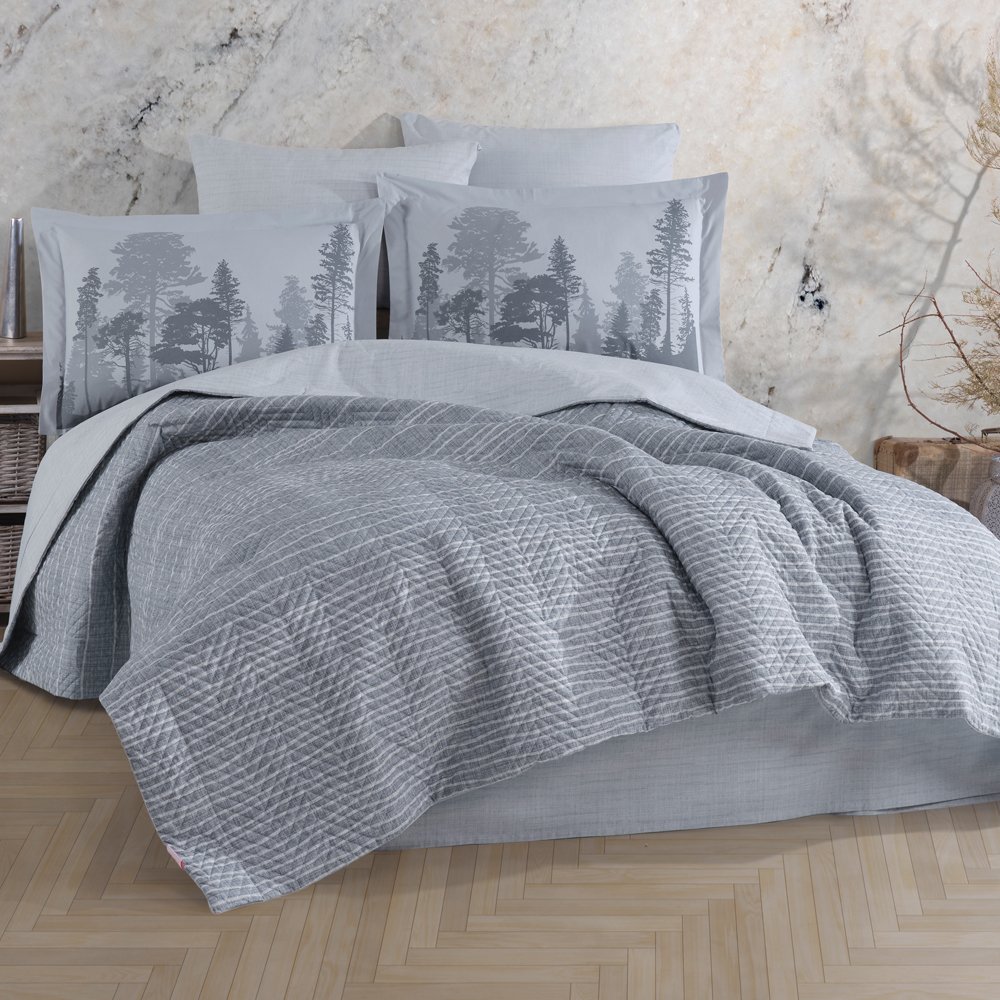 Tully Gri - Çift Kişilik Poplin Kapitone Nevresim Takımı