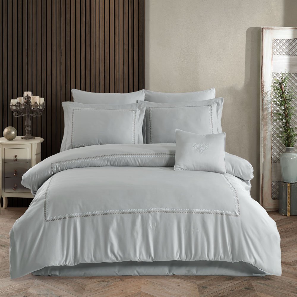 Queen 800 TC Satin Double Duvet Cover Set - Light Grey