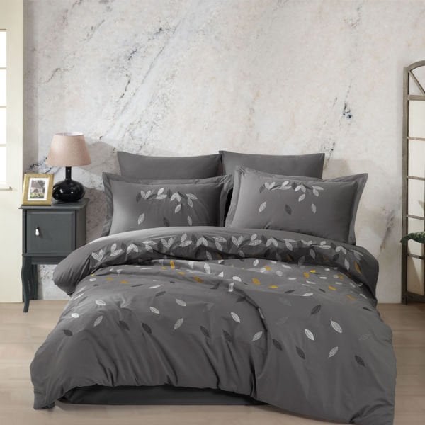 Premium Lidia Gri - Poplin Çift Kişilik Nakışlı Nevresim Takımı
