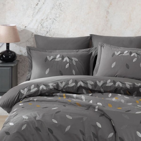 Premium Lidia Gri - Poplin Çift Kişilik Nakışlı Nevresim Takımı