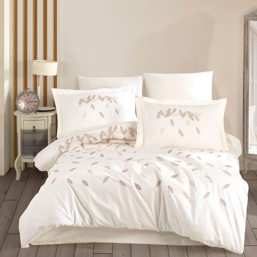 Premium Lidia Krem - Poplin Çift Kişilik Nakışlı Nevresim Takımı