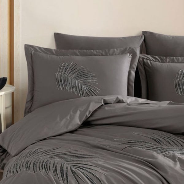 Premium Silvana Gri - Poplin Çift Kişilik Nakışlı Nevresim Takımı