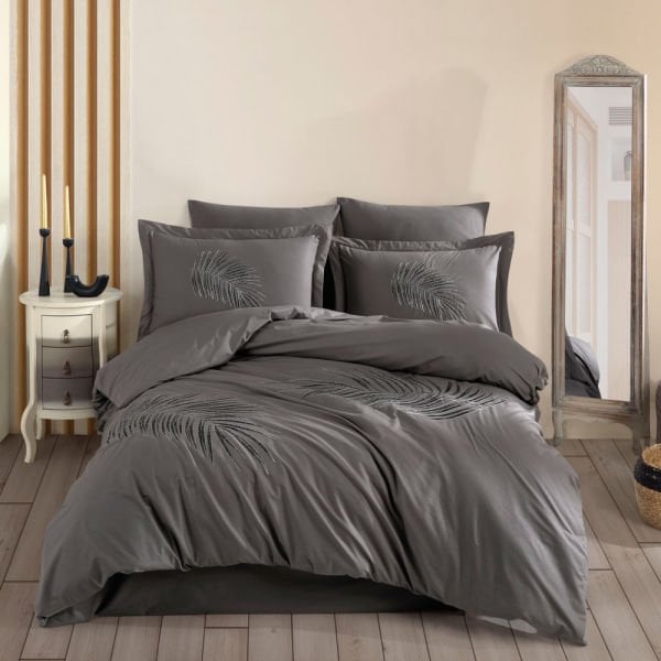Premium Silvana Gri - Poplin Çift Kişilik Nakışlı Nevresim Takımı