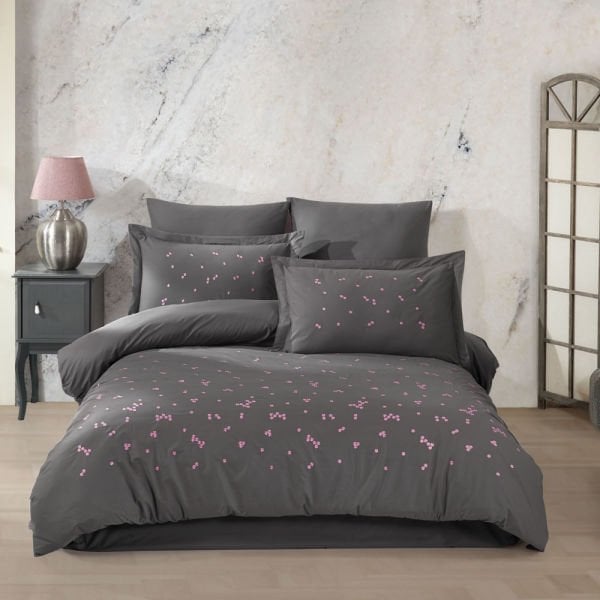 Premium Spring Gri - Poplin Çift Kişilik Nakışlı Nevresim Takımı