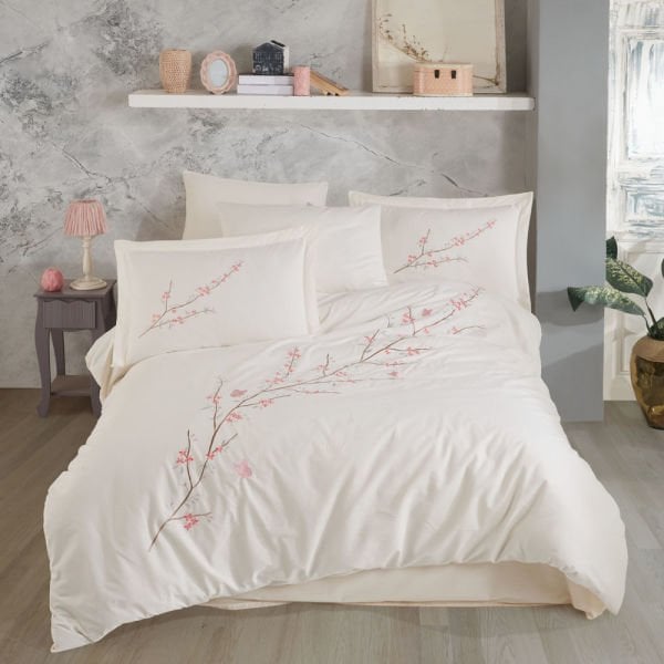 Premium Vera Krem - Poplin Çift Kişilik Nakışlı Nevresim Takımı