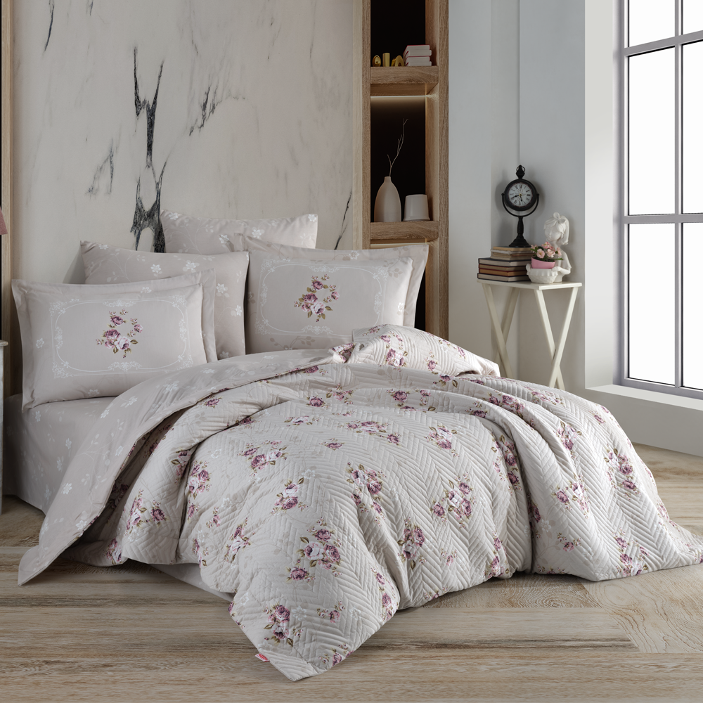 Martha Beige - Double Poplin Quilted Duvet Cover Set
